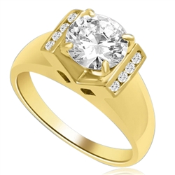 A Brilliant 2 Ct. Round sits smartly atop a wide tapering band with bezel set accentuators. The V Groove is an eye pleaser with 4 prong setting. 2.10 Ct. T.W. In 14k Gold Vermeil.