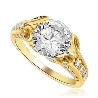 Designer Ring with 3.0 Cts. Round Brilliant Diamond Essence, artistically set in leaf shaped prongs in center, set off by Melee on either side of the band. 4.0 Cts. T.W. set in 14K Gold Vermeil.