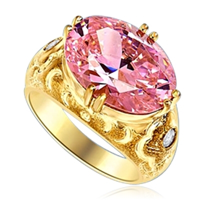 East West Ring - 8.5 Cts. Oval Cut Pink Essence set in heavy, eight prongs setting, with bezel set melee on each side. 8.65 Cts. T.W.  set in 14K Gold Vermeil.