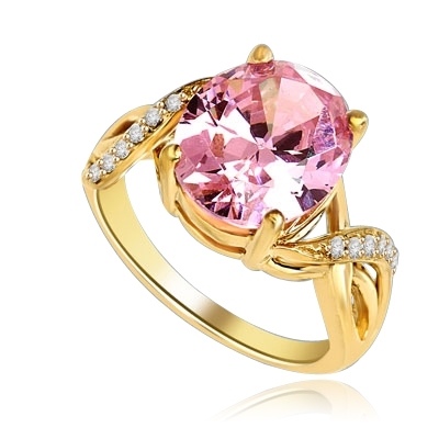 Diamond Essence Designer Ring with 5.0 Cts. Pink Oval  in center, accompanied by melee on band, 5.65 Cts.T.W. set in 14K Gold Vermeil.