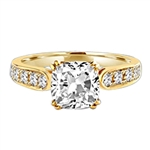 Diamond Essence Ring with 2.0ct. Cushion Cut stone set in eight prongs with round stones on each side, 3.5ct. T.W. set in 14K Gold Vermeil.