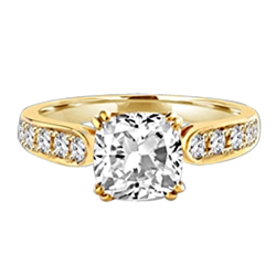 Diamond Essence Ring with 2.0ct. Cushion Cut stone set in eight prongs with round stones on each side, 3.5ct. T.W. set in 14K Gold Vermeil.