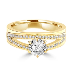 Diamond Essence Ring with 1.0ct. Round brilliant stone set in six prongs with two rows of round stones on each side, 1.20ct. T.W. set in 14K Gold Vermeil.
