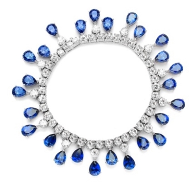 Diamond Essence dazzling Bracelet, 7.25" long. 1.0 Ct. each Sapphire Essence Stone dangling from Round Brilliant Diamond Essence stone. Appx. 50.0 Cts. T.W. in 14K Solid White Gold.