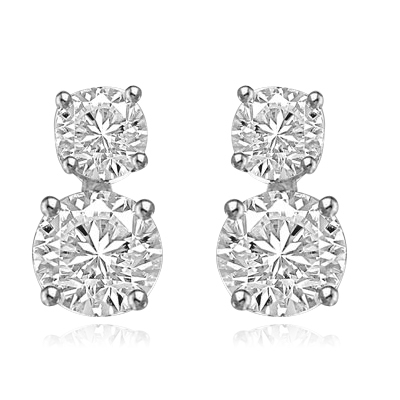 Two stone round diamond solid white gold earrings