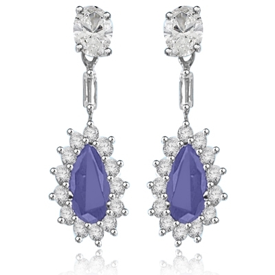 Pear cut sapphire&round stone white gold earring