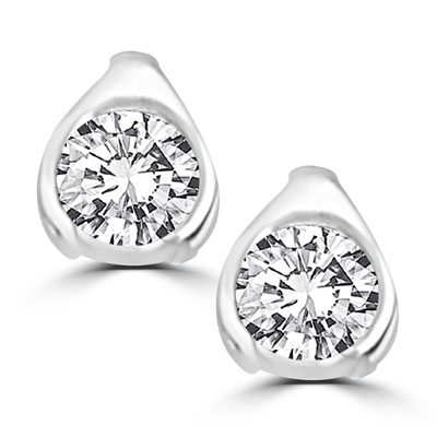 Round stone solid white gold stud earrings