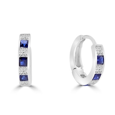 14K Solid Gold hoop Earring with alternate Diamond Essence and Sapphire Essence princess cut stones.