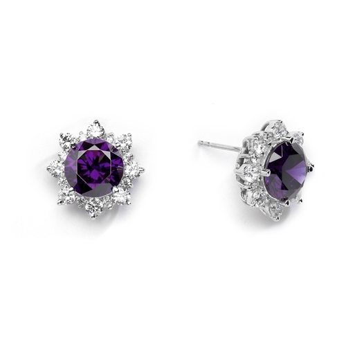 Designer Earrings with Round Amethyst Essence in center Surrounded by Round Brilliant Diamond Essence and Melee. 9.0 Cts. T.W. set in 14K solid White Gold.