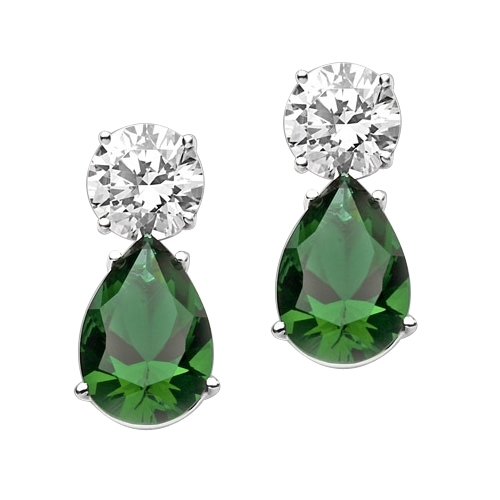 Best Selling Tear Drop Diamond Essence Earrings - White Brilliant Round Stone is 2 Ct and Emerald Pear Stone is 5 Ct. A Brilliant Sparkle of 14 Cts. T.W. for the pair of earrings! In 14k Solid White Gold.