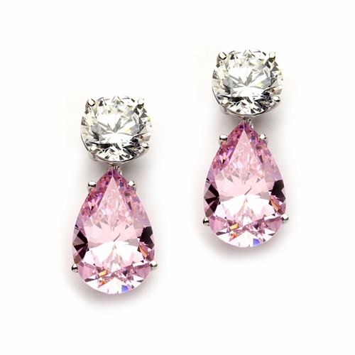 Best Selling Tear Drop Diamond Essence Earrings - White Brilliant Round Stone is 2 Ct and Pink Essence Pear Stone is 5 Ct. A Brilliant Sparkle of 14 Cts. T.W. for the pair of earrings! In 14k Solid White Gold.