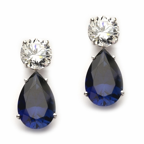 Diamond Essence Earrings, 5.0 Cts. each Pear cut Sapphire Essence dropping off from 2.0 Cts. each Round Diamond Essence Studs, 14.0 Cts. T.W. set in 14K Solid White Gold.