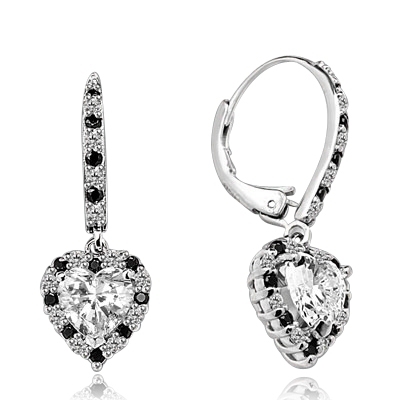 Diamond Essence leverback earrings, 1.0 Ct. each, Heart shape Diamond Essence surrounded by alternately set Onyx and Diamond Essence Melee, which flows on leverback also for additional sparkle. 4.0 Cts. T.W. set in 14K Solid White Gold.