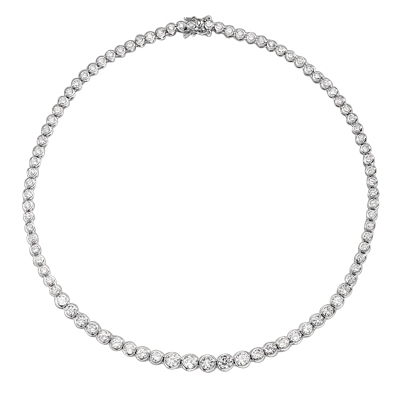 16" long Designer Necklace with Bezel  set, graduating Round Diamond Essence, appx 18.0 cts.T.W. set in 14K Solid White Gold.