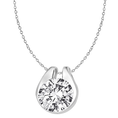 Diamond Essence 2.0 Cts. Round Brilliant Stone set in shell-like bezel setting of 14K Solid White Gold, makes a delicate Slide Pendant.
Approx size of Pendant is 12.5 mm Length and 10 mm width.
Free Silver Chain Included.