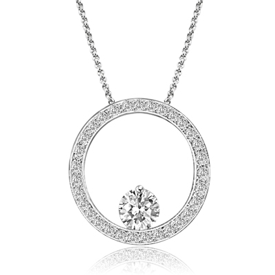 14K Solid White Gold circular Pendant. 0.50 Ct. Round Brilliant Diamond Essence balanced appealingly at the bottom of a circle made of Melee, 1.20 Cts.T.W.
Free Silver Chain Included.