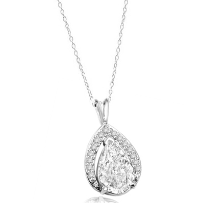 Amazingly designed Pendant with 3.50 Cts. Pear Cut Center and Melee, 4.0 Cts. T.W. in 14K Solid White Gold.
Free Silver Chain Included.