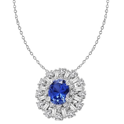 Diamond Essence Designer Pendant in 14K Solid White Gold with 2.5 carat Oval Sapphire Essence in the center, surrounded by Diamond Essence round stones and baguettes. Appx. 4.5 cts.t.w. Just perfect for all occasions.