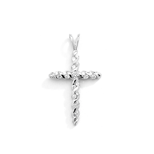 Diamond Essence round stones set in spiral gold twists to make this beautiful cross pendant. 0.45 ct.t.w. in White Gold.