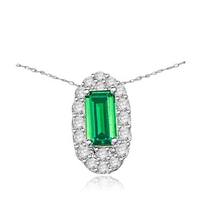 Emerald City Pendant with a 3.0 Cts. Emerald Cut Emerald Essence center surrounded by fiery Round Cut Diamond Essence Stones, 3.30 Cts. T.W. in 14K Solid White Gold.
Free Silver Chain Included.