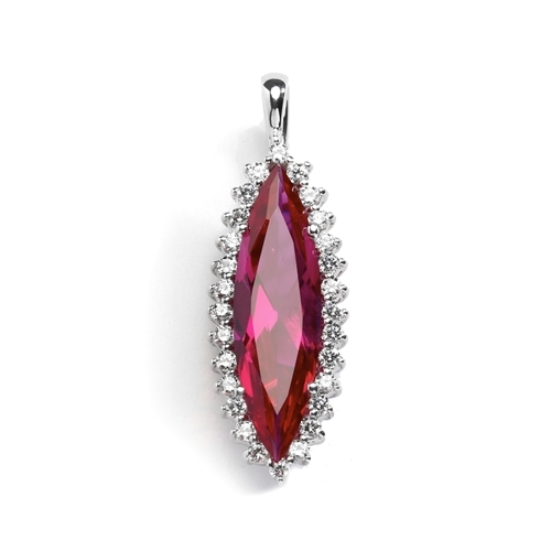 Diamond Essence 4.0 ct. ruby stone surrounded by round stones, 4.5 Cts. T.W. set in 14K Solid White Gold. Chain Included.