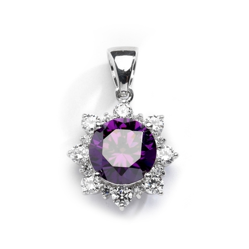 Designer Pendant with Round Amethyst Essence in center surrounded by Round Brilliant Diamond Essence and Melee. 4.5 Cts. T.W. set in 14K Solid White Gold.