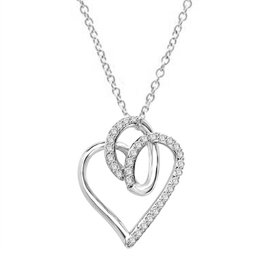 Superb Heart Shaped Pendant with Brilliant Diamond Essence Stones on Fluttery Curves. 1.5 Cts. T.W. In 14k Solid White Gold.
