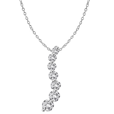 Diamond Essence Journey Pendant of 7 Round Brilliant Graduated Stones set in 14K Solid White Gold. 5.0 cts.t.w. (Also available in Platinum Plated Sterling Silver, Item# SPE1702).
Free Silver Chain Included.