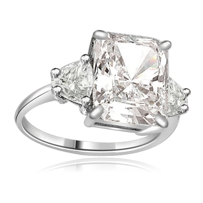 Diamond Essence emerald-cut brilliant stone of 5.0 cts. setting with trilliant baguette on each side. 6.0 cts.T.W. set in 14K Solid White Gold.