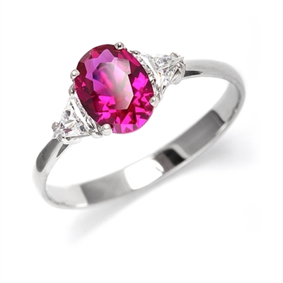 Stunning Ring, 2 Cts. T.W, with 1 Ct Oval Cut Ruby Center and White Trilliant Diamond Essence Stones on side, in 14K Solid White Gold.