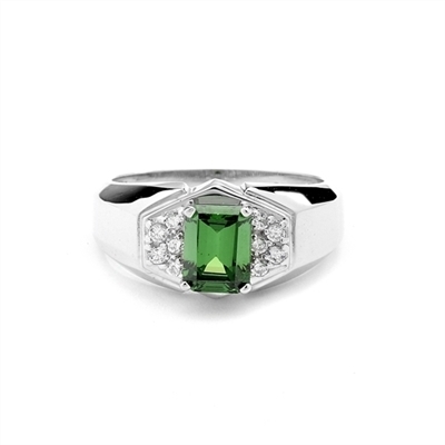 man's ring with a 1.5 cts. Emerald Essence Stone center and Brilliant Melee