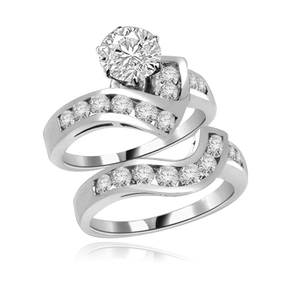 Radames And Aida-Wedding Set in 14K Solid White Gold, 1.8 Cts.T.W. with 1 Ct. Solitaire and Curvy Channel Set Melee Accents. Show of your Celestial Beauty and Starry Love!