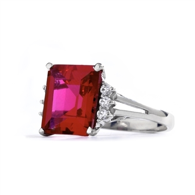 Superb Ring with 5 Cts Emerald Cut Ruby Essence Center Stone and melee accents for a total of 5.2 Cts.t.w. in 14K Solid White Gold.
