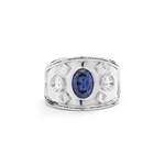 14K Solid White Gold European ring, with a 1.50 cts. oval cut Sapphire Essence center stone and round cut accents.