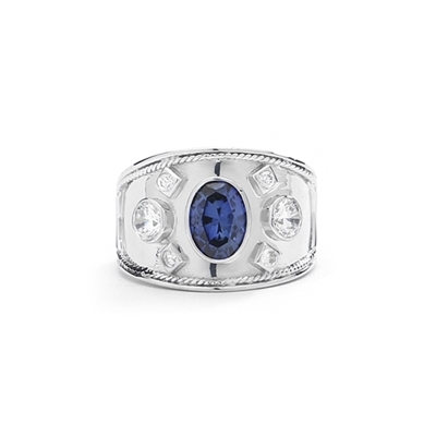 14K Solid White Gold European ring, with a 1.50 cts. oval cut Sapphire Essence center stone and round cut accents.