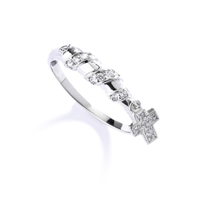 Appealing and Unusual Band with a dangling Cross and softly glowing Diamond Essence pieces, 0.25 Cts.t.w. in 14K Solid White Gold.