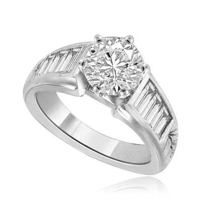 Prong Set Designer Ring with Simulated Round Brilliant Stone and Baguettes By Diamond Essence set in 14K Solid White Gold