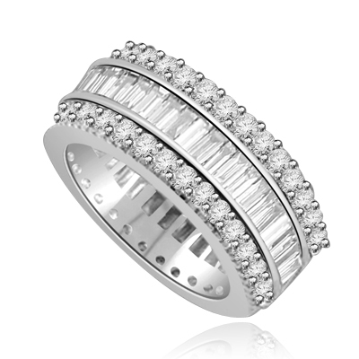 Private Pleasures - Wide Band Ring with a beautiful triple spin! Three heavenly rows of Diamond Essence Masterpieces. In the center, intimately touchinh channel set baguettes, and on both side round cut melee pieces. 5 Cts. T.W, in 14K Solid White Gold.