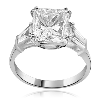 Prong Set Engagement Ring with Artificial Princess Cut Brilliant Diamond and Baguettes by Diamond Essence set in 14K Solid White Gold