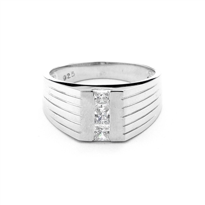 14K White Gold man's ring with these square cut Diamond Essence center stones, 0.40 cts.t.w.