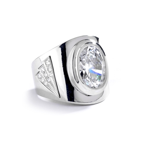 Man's classy wide bodied ring, two-tone 14K Solid White Gold, with Oval cut center stone, 6.15 cts.t.w