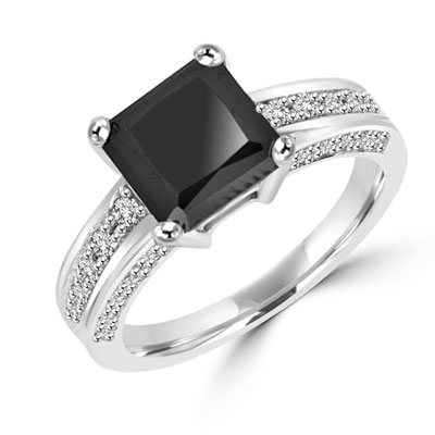 Diamond Essence designer ring with 3.0 ct Princess Cut Onyx Essence center surrounded by Round stones, 3.5 cts. T.W. set in 14K Solid White Gold.