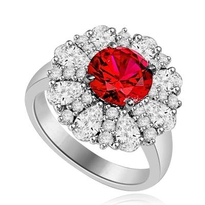 Diamond and Ruby Ring - Outstanding Ring with 2.0 cts. Round Ruby Essence in Center surrounded by Pear cut Diamond Essence and Melee. 5.5 Cts. T.W. set in 14K Solid White Gold