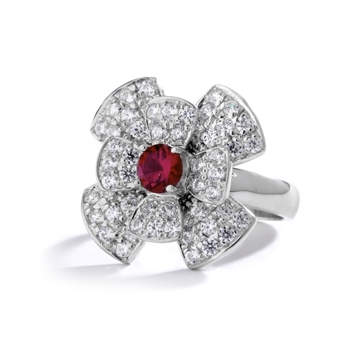 Stack of flowers - 0.65 Ct. Round Ruby Essence set in center of floral design Melee setting. 3.0Cts. T.W. set in 14K Solid White Gold.