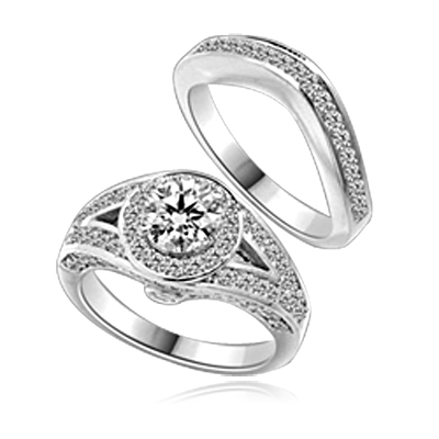 Wedding Set - 1.0 Ct. Round Brilliant Diamond Essence in center with Melee set in intervening design on either side and Wedding band with delicately set Melee. 2.35 Cts. T.W. in 14K White Gold.