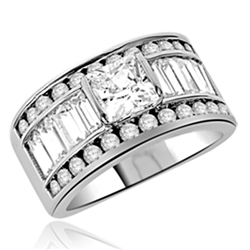 Diamond Essence Designer Ring With Princess Stone and ablaze with Baguettes and Melee, 5 Cts.T.W. set in 14K White Gold.