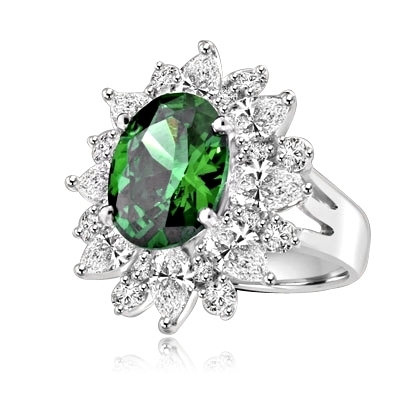 Party Perfect Ring with Sparkling Pear cut and Round cut Diamond Essences around 5.0 Cts. Oval cut Emerald Essence in center, making beautiful floral design. 9.0 Cts. T.W. set in 14K Solid White Gold.