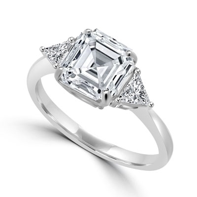Diamond Essence Ring with 3 Cts. Asscher Cut center Stone and 0.25 Ct Trilliant Stone On Each Side, 3.50 Cts.T.W. In 14K White Gold.