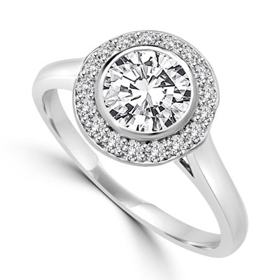 Diamond Essence Ring with 1 Ct. Round Brilliant Stone And Melee Set In 14K White Gold.