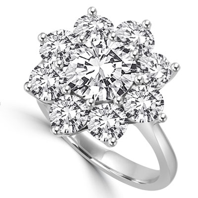 Diamond Essence Floral Design Ring with 2 Cts. Round Brilliant Center and 0.30 Ct. Each In Surrounding, 4.40 Cts.T.W. In 14K White Gold.